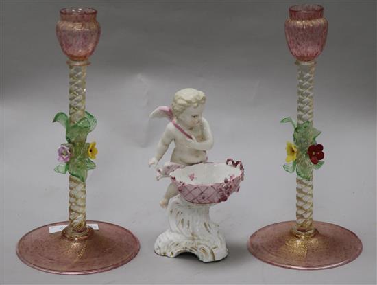 A pair of Venetian glass candlesticks and a Continental porcelain cherub